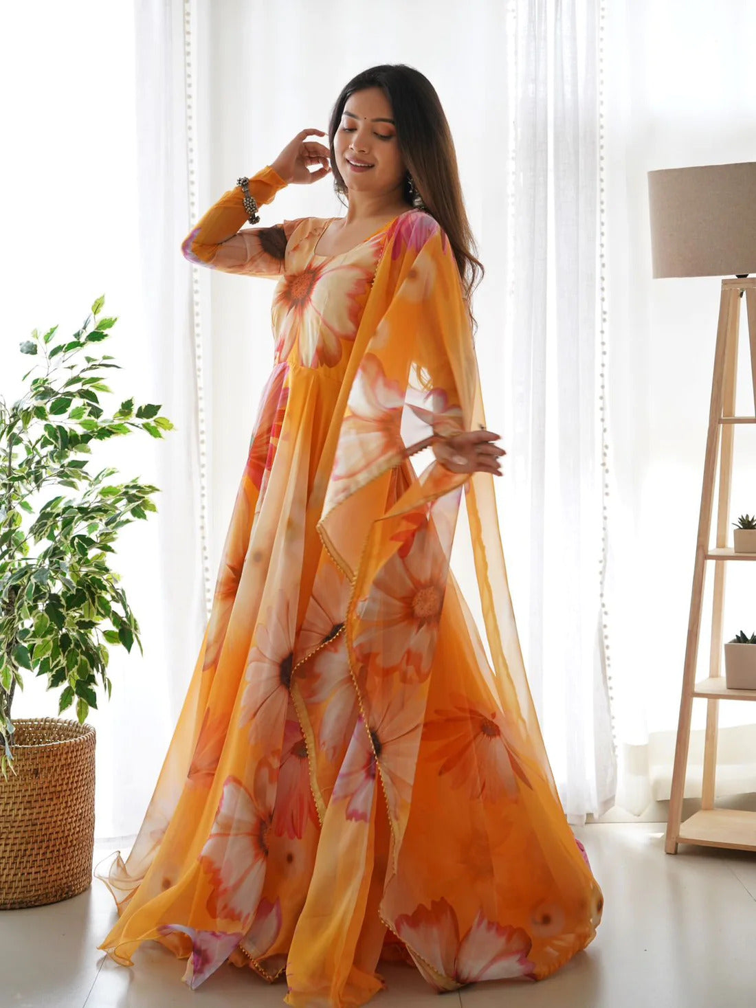 Pink & Orange Embroidered Georgette Kurti | Saira's Boutique